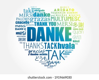 Danke (Thank You in German) Love Heart Word Cloud in different languages