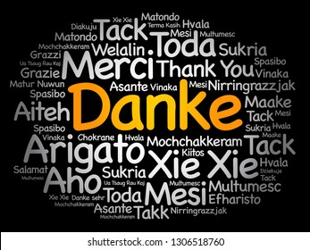 Danke (Thank You in German) word cloud background in different languages