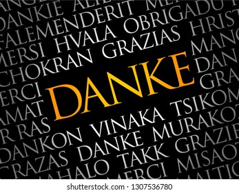 Danke (Thank You in German) word cloud background in different languages