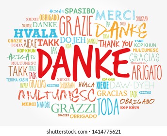 Danke (Thank You in German) word cloud background in different languages