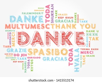 Danke (Thank You in German) word cloud background in different languages