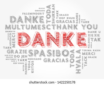 Danke (Thank You in German) word cloud background in different languages