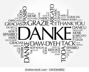 Danke (Thank You in German) word cloud background in different languages