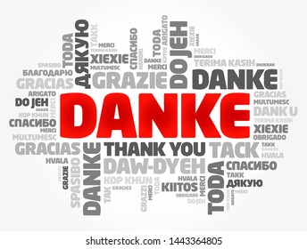 Danke (Thank You in German) word cloud background in different languages