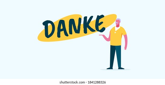 Danke is thank you poster. German gratitude in yellow and green graphic design message for assistance in work calligraphic handwritten font with drawn vector character.