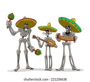 Danse Macabre. Three mexican skeletons with instruments play musics.