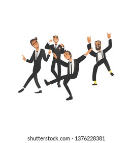 Dansing and happy groom and groomsman on wedding ceremony in flat cartoon style. Young wedding man, groom, isolated vector illustration on white background.