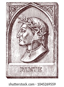 Dante Alighieri. Element for architecture, design on building for tattoo or t-shirt design. Symbol of science, psychology. Genius and creator of universe. engraved sketch hand drawn in vintage style.