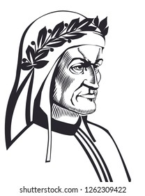 Dante Alighieri vector illustration engraved style. Isolated black and white.