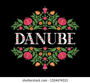 Danube river, Hungary illustration vector. Background with traditional flowers pattern from hungarian embroidery floral ornament design.