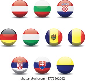Danubian countries national circle button flags background texture. States that lie along the River Danube 3d vector illustration symbol.