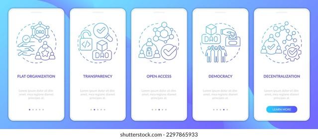 DAO characteristics blue gradient onboarding mobile app screen. Business walkthrough 5 steps graphic instructions with linear concepts. UI, UX, GUI template. Myriad Pro-Bold, Regular fonts used