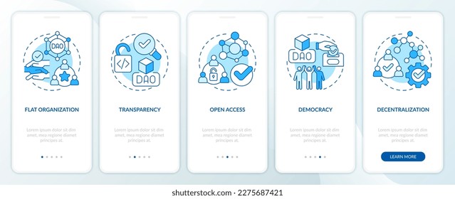 DAO characteristics blue onboarding mobile app screen. IoT walkthrough 5 steps editable graphic instructions with linear concepts. UI, UX, GUI template. Myriad Pro-Bold, Regular fonts used