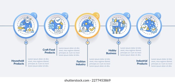 DAO characteristics circle infographic template. Decentralization. Data visualization with 5 steps. Editable timeline info chart. Workflow layout with line icons. Lato-Bold, Regular fonts used