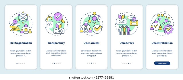 DAO characteristics onboarding mobile app screen. Decentralization walkthrough 5 steps editable graphic instructions with linear concepts. UI, UX, GUI template. Myriad Pro-Bold, Regular fonts used