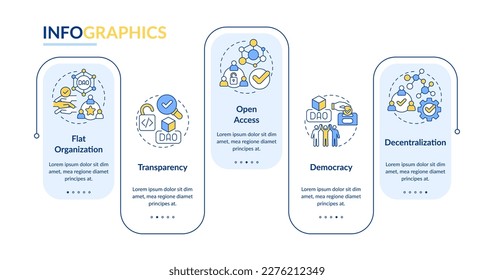 DAO characteristics rectangle infographic template. Decentralization. Data visualization with 5 steps. Editable timeline info chart. Workflow layout with line icons. Lato-Bold, Regular fonts used