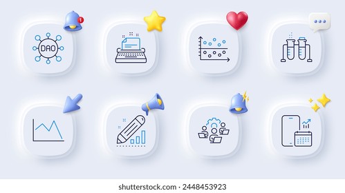 Dao, Chemistry beaker and Edit statistics line icons. Buttons with 3d bell, chat speech, cursor. Pack of Dot plot, Line chart, Typewriter icon. Teamwork, Phone calendar pictogram. Vector