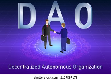 DAO, Decentralized Autonomous Organization. Business people making agreement in front of DAO logo. Businessmen signing smart contract on blockchain and metaverse. svg
