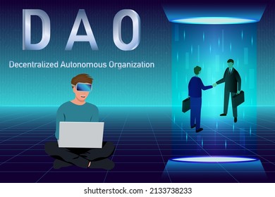 DAO, Decentralized Autonomous Organization. Business people making agreement in hologram. Businessman signing smart contract on blockchain and metaverse.