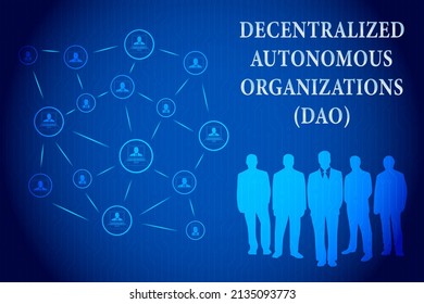 DAO, Decentralized autonomous organization concept design. Businessmen connected to each other with smartphone, laptop and tablet on blockchain network. svg
