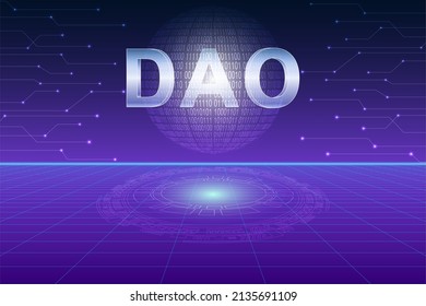 DAO, Decentralized autonomous organization concept design. Earth globe composed of digital 1 and 0 on futuristic environmental background. DAO text design. svg