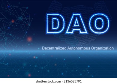 DAO, Decentralized Autonomous Organization. DAO neon text design, abstract handshake, smart contract on blockchain and metaverse. svg