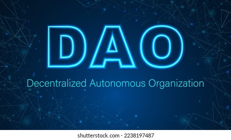 DAO, Decentralized Autonomous Organization. DAO neon text design, smart contract on blockchain and metaverse. DAO illustration for banner, poster, website, landing page, ads, flyer template. svg