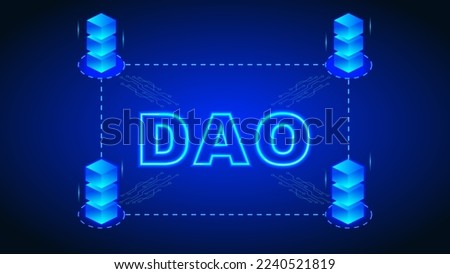 DAO, Decentralized Autonomous Organization with smart contract to control leadership by code and blockchain. DAO concept for banner, poster, website, landing page, ads.