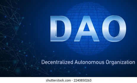 DAO, Organización Autónoma Descentralizada. Diseño de texto DAO, abstract 1 y 0 world, contrato inteligente sobre blockchain y metaverse. Ilustración de DAO para banner, sitio web, página de inicio, anuncios, plantilla de volante