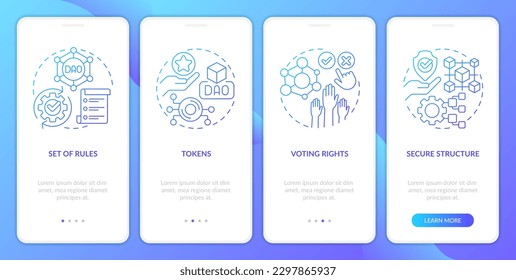 DAO elements blue gradient onboarding mobile app screen. Digital network walkthrough 4 steps graphic instructions with linear concepts. UI, UX, GUI template. Myriad Pro-Bold, Regular fonts used