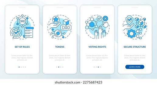 DAO elements blue onboarding mobile app screen. Digital network walkthrough 4 steps editable graphic instructions with linear concepts. UI, UX, GUI template. Myriad Pro-Bold, Regular fonts used