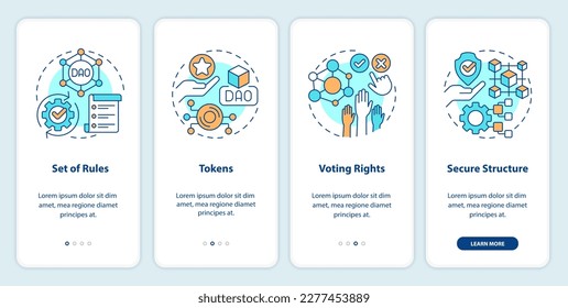 DAO elements onboarding mobile app screen. Digital network walkthrough 4 steps editable graphic instructions with linear concepts. UI, UX, GUI template. Myriad Pro-Bold, Regular fonts used