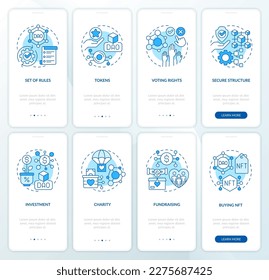 DAO elements and usage purpose blue onboarding mobile app screens set. Walkthrough 4 steps editable graphic instructions with linear concepts. UI, UX, GUI template. Myriad Pro-Bold, Regular fonts used svg