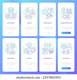 DAO elements and usage purpose blue gradient onboarding mobile app screens set. Walkthrough 4 steps graphic instructions with linear concepts. UI, UX, GUI template. Myriad Pro-Bold, Regular fonts used