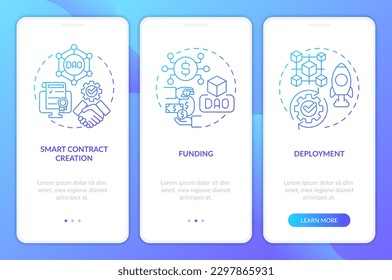 DAO lunch stages blue gradient onboarding mobile app screen. Technology walkthrough 3 steps graphic instructions with linear concepts. UI, UX, GUI template. Myriad Pro-Bold, Regular fonts used