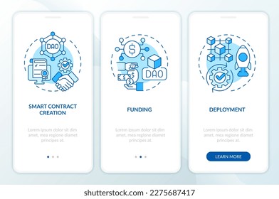 DAO lunch stages blue onboarding mobile app screen. Internet network walkthrough 3 steps editable graphic instructions with linear concepts. UI, UX, GUI template. Myriad Pro-Bold, Regular fonts used