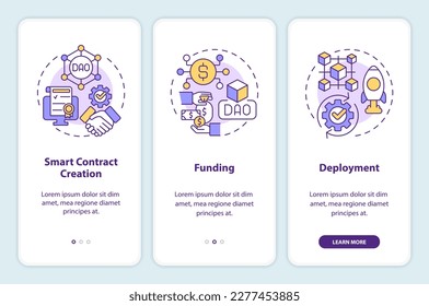 DAO lunch stages onboarding mobile app screen. Internet technology walkthrough 3 steps editable graphic instructions with linear concepts. UI, UX, GUI template. Myriad Pro-Bold, Regular fonts used