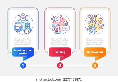 DAO lunch stages rectangle infographic template. IoT. Data visualization with 3 steps. Editable timeline info chart. Workflow layout with line icons. Myriad Pro-Bold, Regular fonts used