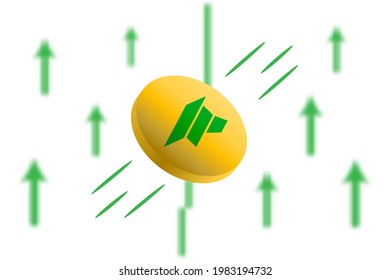 Dao maker coin up. Green arrow up with gaussian blur effect background. Dao maker market price soaring. Green chart rise up