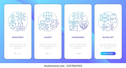 DAO usage purpose blue gradient onboarding mobile app screen. Internet business walkthrough 4 steps graphic instructions with linear concepts. UI, UX, GUI template. Myriad Pro-Bold, Regular fonts used