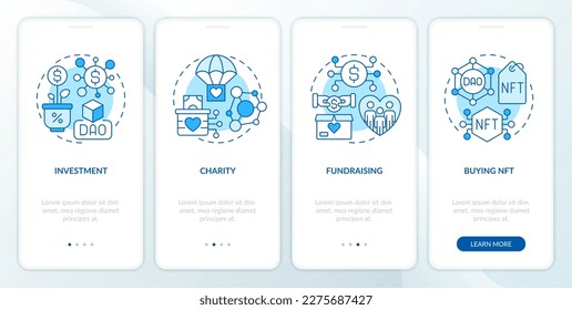 DAO usage purpose blue onboarding mobile app screen. Internet business walkthrough 4 steps editable graphic instructions with linear concepts. UI, UX, GUI template. Myriad Pro-Bold, Regular fonts used
