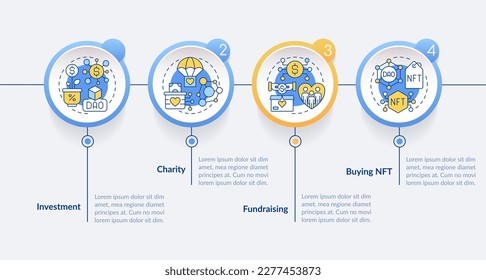 DAO usage purpose circle infographic template. Digital network. Data visualization with 4 steps. Editable timeline info chart. Workflow layout with line icons. Lato-Bold, Regular fonts used