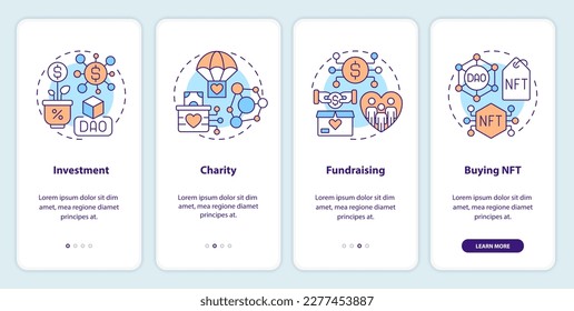 DAO usage purpose onboarding mobile app screen. Internet business walkthrough 4 steps editable graphic instructions with linear concepts. UI, UX, GUI template. Myriad Pro-Bold, Regular fonts used