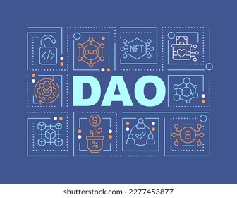 DAO word concepts blue banner. Decentralized autonomous organizations. Infographics with editable icons on color background. Isolated typography. Vector illustration with text. Arial-Black font used svg