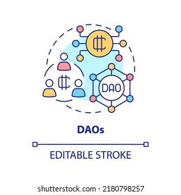 DAOs concept icon. Decentralized autonomous organization. Way to make money on crypto abstract idea thin line illustration. Isolated outline drawing. Editable stroke. Arial, Myriad Pro-Bold fonts used