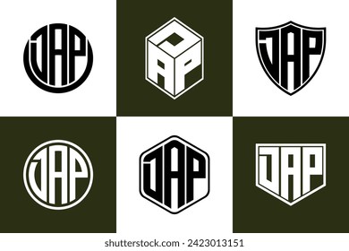 DAP initial letter geometric shape icon logo design vector. monogram, lettermark, circle, polygon, shield, symbol, emblem, elegant, abstract, wordmark, sign, art, typography, icon, geometric, shape