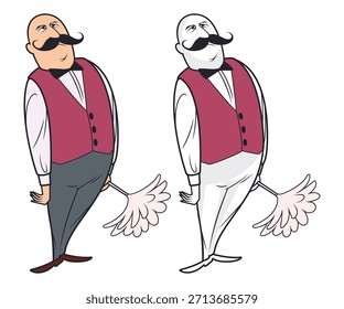 Dapper cartoon butler with duster. Funny people. Illustration concept for website and mobile website development.