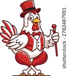 Dapper cartoon rooster wearing a top hat and vest holding a cane bow tie walking stick gentleman sophisticated illustration character whimsical wildlife countryside agriculture