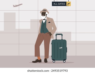 A dapper gentleman in a hat and suit stands patiently at the airport, luggage in hand, awaiting his departure