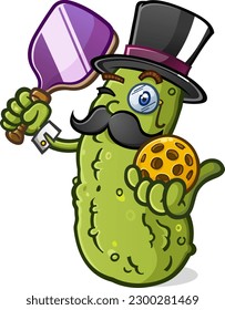 A dapper pickleball gentleman cartoon mascot wearing a top hat and a monocle ready for an honorable match on the court